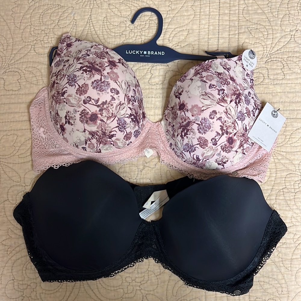 Lucky Brand 38C Multi Color (Pink/Mauve, Purple, and Cream) & Black Bra Set